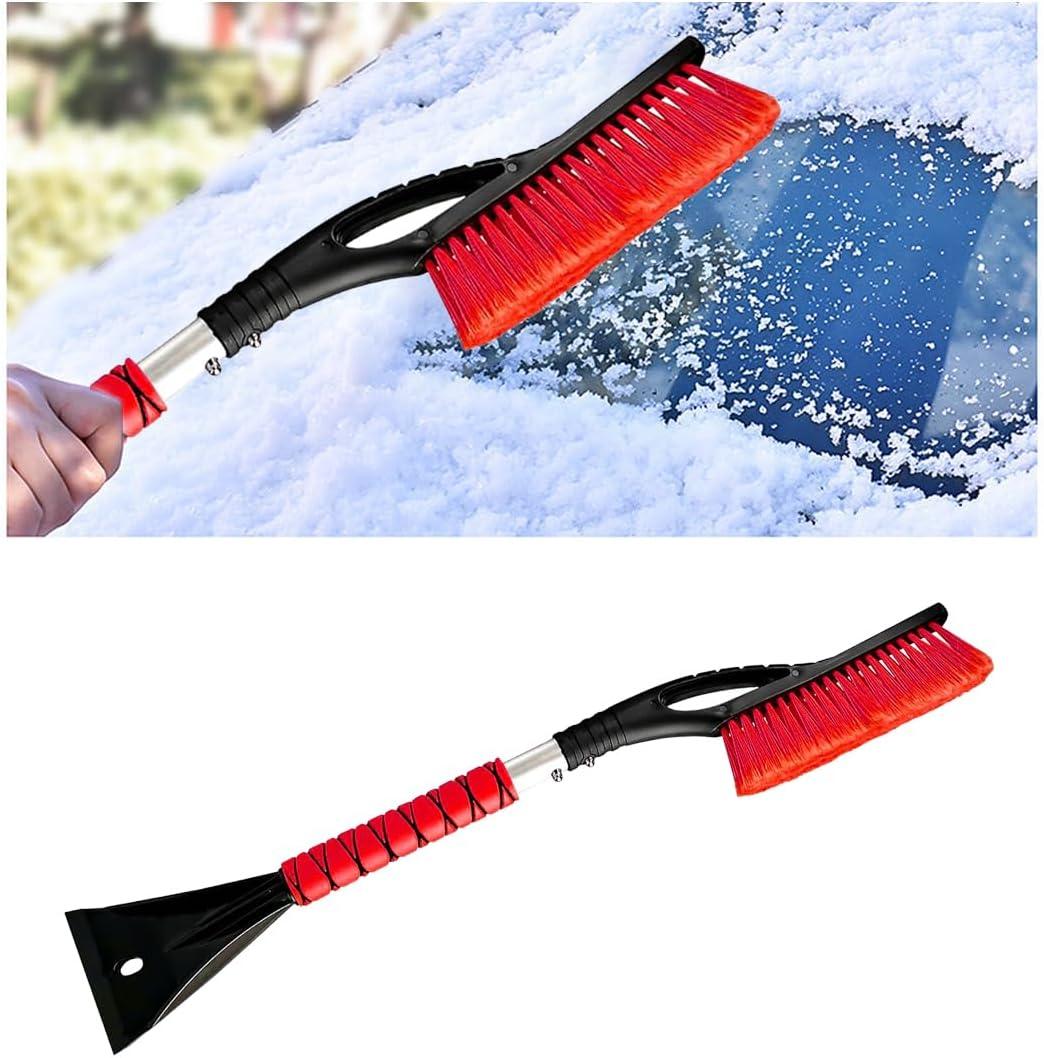 27" Snow Brush and Ice Scrapers for Car Windshield and Window, Detachable Winter Snow Remover Ice Shovel Tool with Ergonomic Foam Grip & No Scratch Bristles, Car Accessories for Truck SUV (Red)