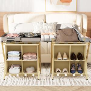 Aboxoo 2 Pack Luggage Rack with storage, Guest Room Folding Suitcase Stands, Holds up to 120 lb, Space Saving Suitcase Holders for guest room, Bedroom Hotel, Gold