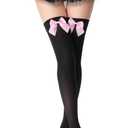 Women's Satin Bows Thigh High Stockings Hold-ups Snag-Resistant Knee High Long Socks (Medium, 2-black Pink)