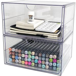 Clear Desk Organizers and Accessories, 2 Pack Plastic Drawer Organizer for Office Supplies, Marker Pen, Art Crafts, Stationery, Coffee Pods, Stackable Home Storage (2 Drawers)