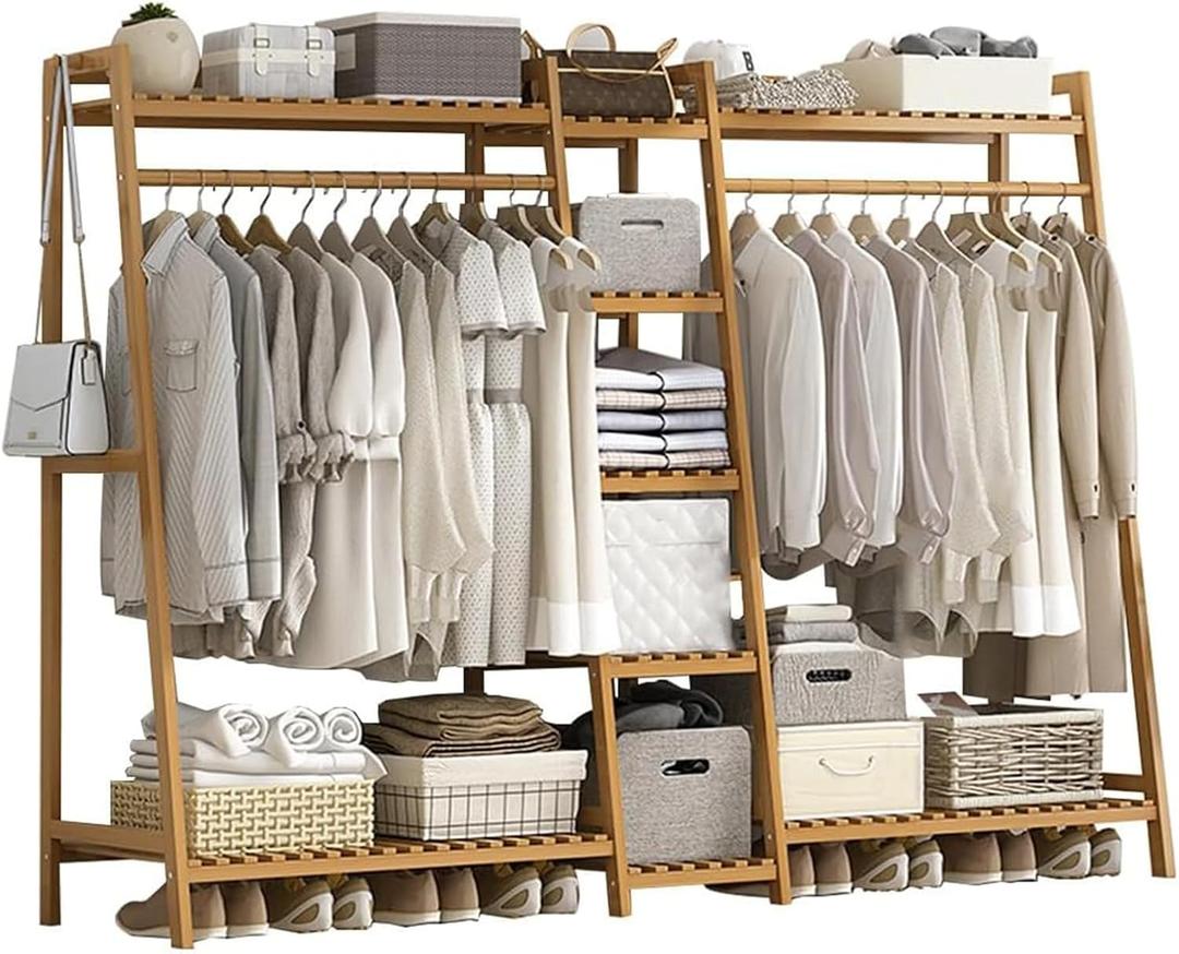 Baveke Bamboo Garment Rack 9 Tier Storage Shelf Coat Clothes Hanging Rack, Portable Wardrobe Closet Organizer With Top Shelf, Shoe Storage Shelves for Bedroom, Natural, FSC-Certified Bamboo