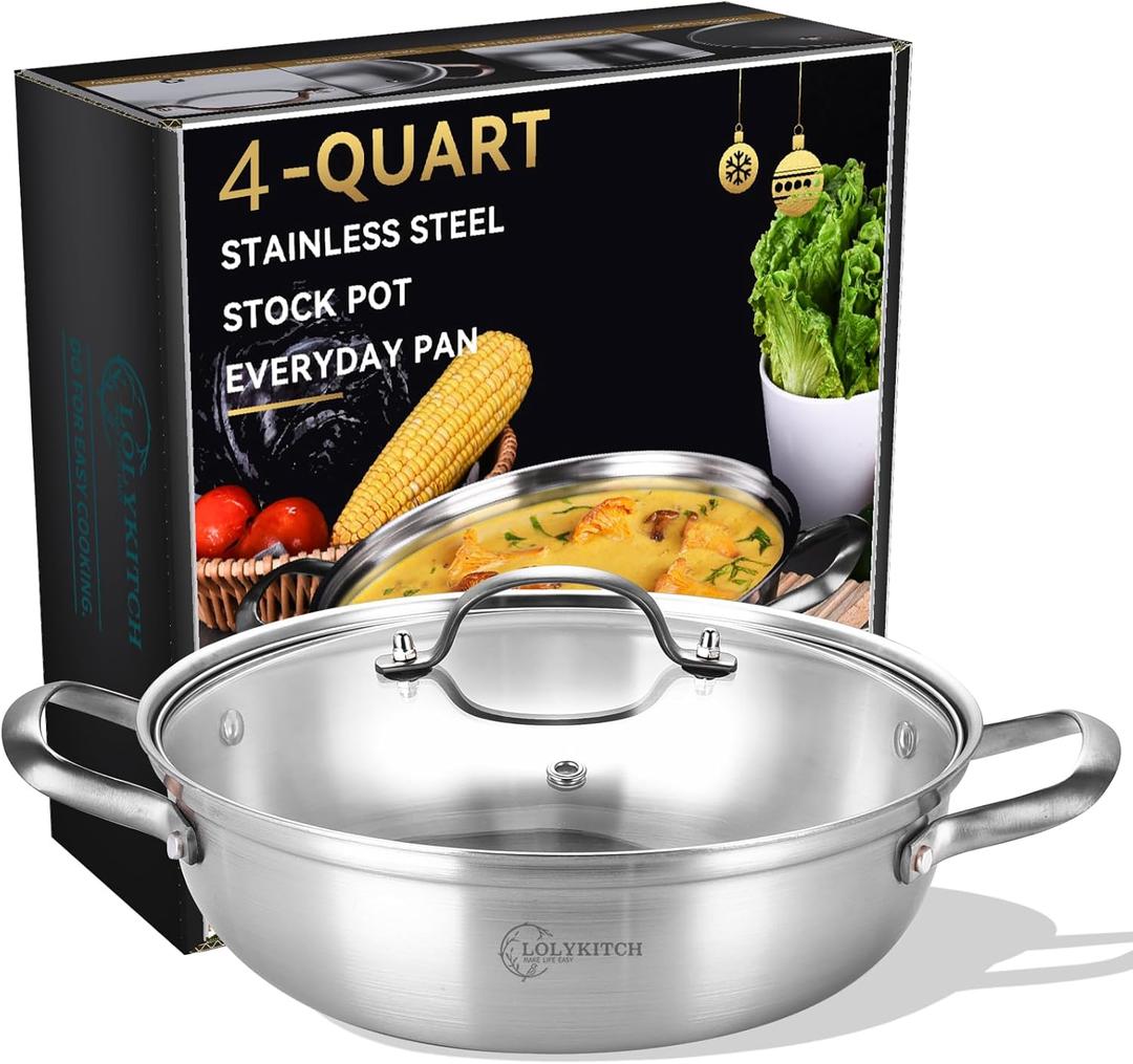 LOLYKITCH 12 Inch Tri-Ply Stainless Steel Saut Pan with Lid,4 QT Hot Pot, Everyday Pan,Kadhai,Induction Cooking Pan,Jumbo Cooker,Dishwasher and Oven Safe.