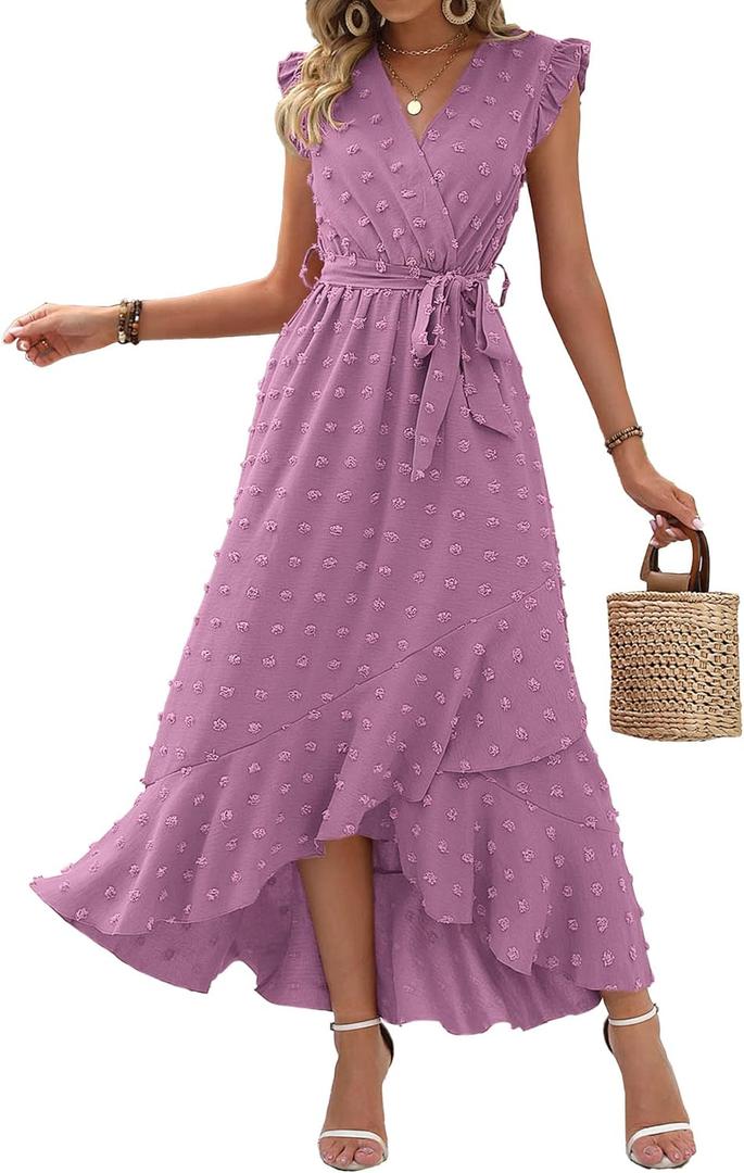 BTFBM Boho Dresses for Women 2026 Summer Fashion Cap Sleeve Swiss Dot Flowy Ruffle Beach Wedding Cocktail Maxi Dress (Small, Purple)