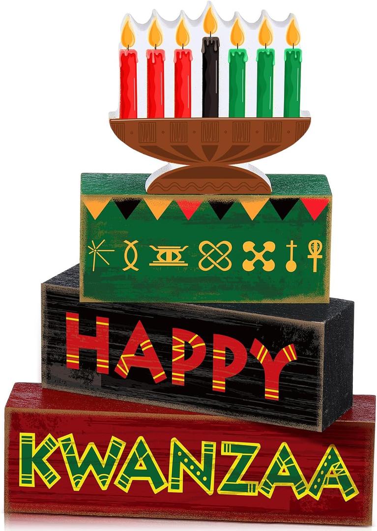 4 Pcs Happy Kwanzaa Table Decorations Kwanzaa Tiered Tray Decor Rustic African Candlestick Wood Block Tabletop Sign Gift Centerpiece Farmhouse Table Decor for Home Office Party Supplies