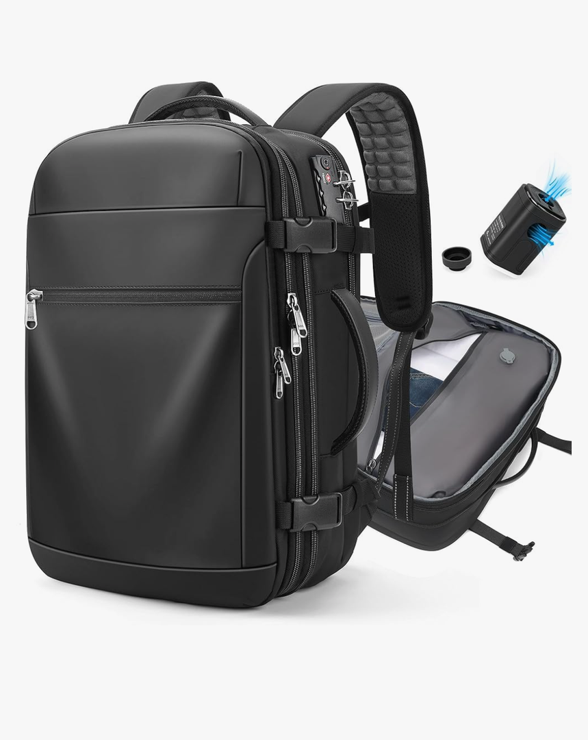 Vacuum Backpack Travel – Expandable Compression Carry On Backpack with Vacuum Pump, Water-Resistant TSA Lock Travel Bag, 17" Laptop Backpack for Men Women, Business Airplane Flight Luggage, Black