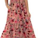 OFEEFAN Women's Casual Maxi Dresses with Pockets Ruffle Sleeve Smocked Dress (Medium, 16- Pink Floral)