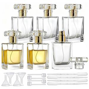 YU FENG Glass Perfume Spray Bottle Set, Refillable Fine Mist Atomizer for Fragrance, Daily Use & Organization – Square Glass, Gold Cap, 50ML, 6 Pack