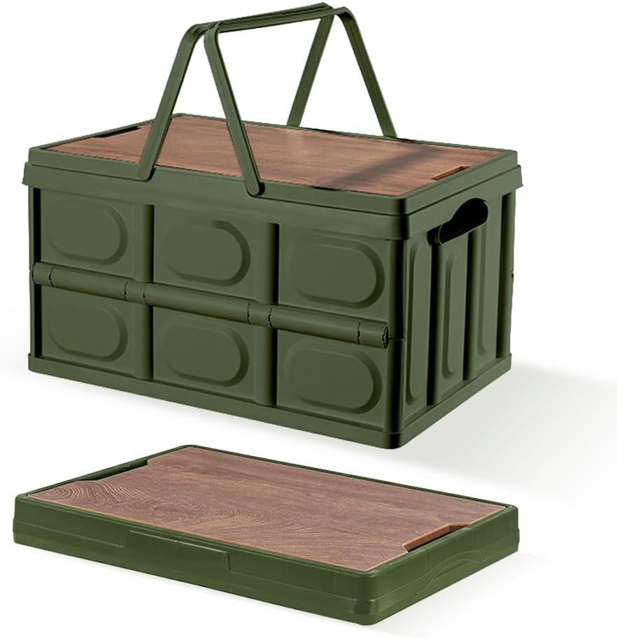 Collapsible Storage Bins Box with Lids and Handle, 30L Portable Plastic Storage Crate Containers Totes, Instacrate Stackable Foldable Camping Basket Supplies for Camp Fishing Car RV, Office (Green(1 PCS))