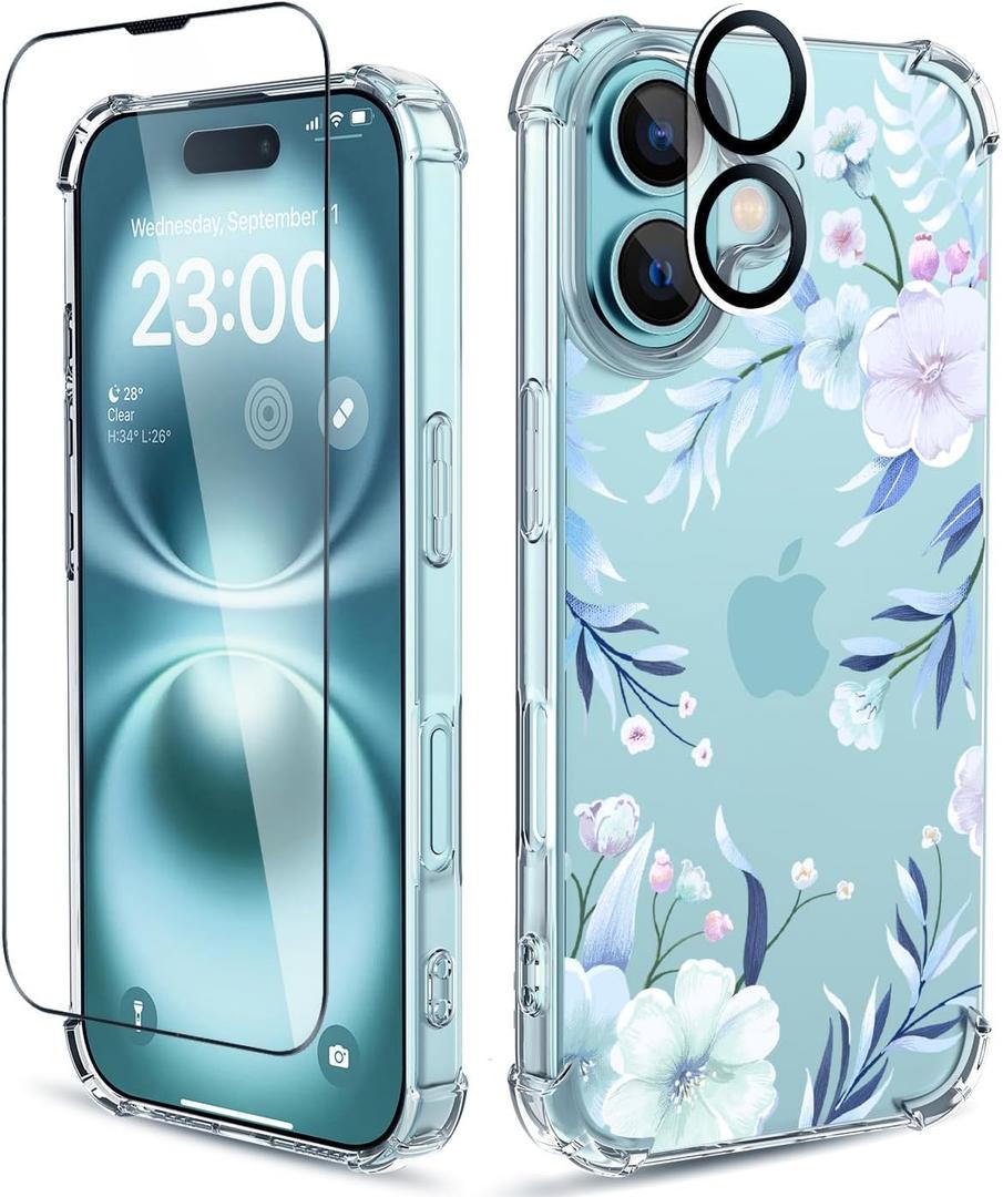 ilnehc for iPhone 16 Plus Case, [3 in 1] with Screen Protector & Camera Lens Protector, Flower Pattern Design, Clear Soft Shockproof Slim Floral Phone Cover for Women Girls 2024 6.7" (Hibiscus)