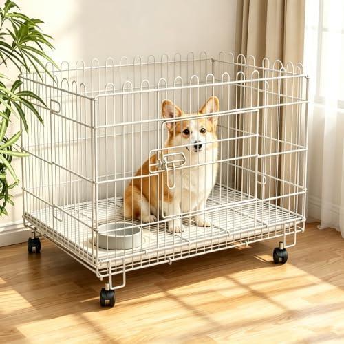 Foldable Pet Playpen Dog Crate 2 in 1 with Removable Tray 34.6 x 24 x 28 in Bold Metal Pet Kennel with Wheel Adjustable Base Height Heavy-Duty Portable Fence Cage for Indoor Outdoor Dog Animal (White)