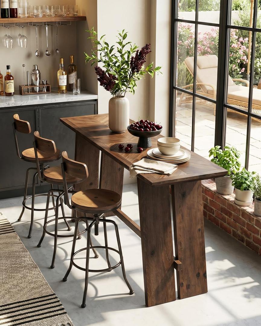 LITTLE TREE Solid Wood Bar Table, 61" Counter Height Table with Parquet Design Tabletop, Modern Farmhouse Kitchen Bar Table for Dining Room, Home Kitchen, Bistro, Bar, Rustic Dark Walnut, 61.02" W x 19.69" D x 37.40" H