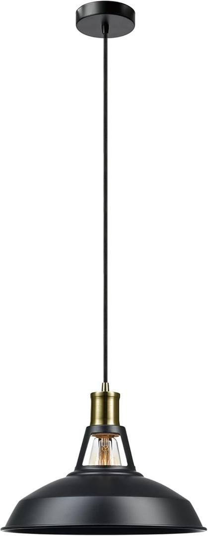 GLOBE Electric 65712 Robin 1-Light Plug-in or Hardwire Pendant, Satin Black, Antique Brass Accents, 15ft Black Woven Fabric Cord, in-Line On/Off Rocker Switch