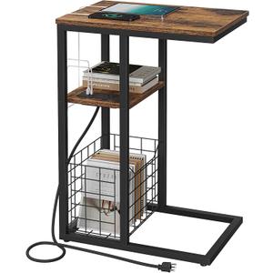 Vagusicc C Shaped End Table with Charging Station, Side Table for Couch, Small Side End Table for Small Spaces, 28" High Slide Under Sofa Table for Coffee, Tv Tray Table for Living Room, Rustic Brown