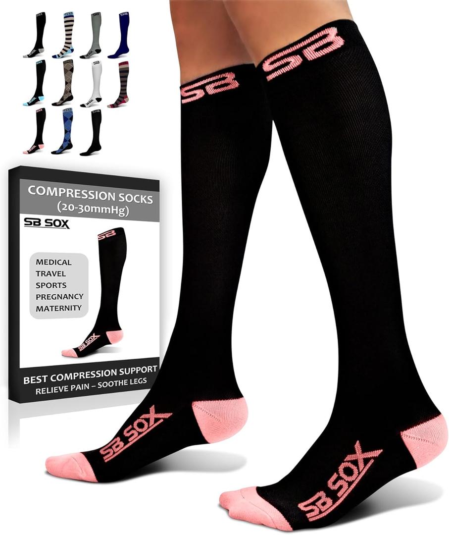 SB SOX Compression Socks for Men & Women (20-30 mmHg) - Best Support Stockings for Travel, Medical, and Sports - Perfect for Everyday Wear (Medium, Black/Pink)