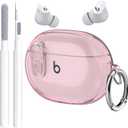 Beats Studio Buds/Studio Bud Plus Case Cover Clear 2021/2023 Lock Clip with Clean Kit, GARTOO Protective Case and Cleaning Pen Compatible with Beat Studio Bud + for Women Girls Kids -Clear Pink