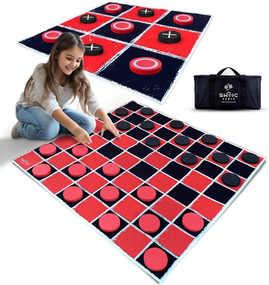 Swooc Games - 2-in-1 Vintage Giant Checkers & Tic Tac Toe Game W/Mat (3ft x 3ft) - 100% Machine-Washable Canvas - Giant Outdoor Games for Kids - Yard Game for Kids - Jumbo Lawn Set - Large Checkers