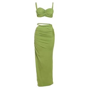 Women's Two Piece Skirt Sets Summer Beach Sexy Ruched Backless Cami Top and Cut Out Skirt Night Out Dress Green, Small