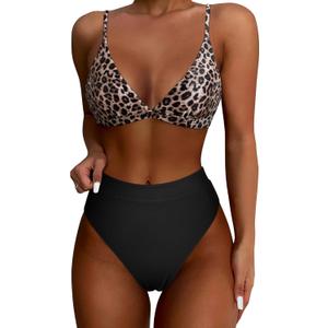 SUUKSESS Women High Waisted High Cut Bikini Set Sexy Triangle Two Piece Swimsuits (Medium, 127 Leopard Black)