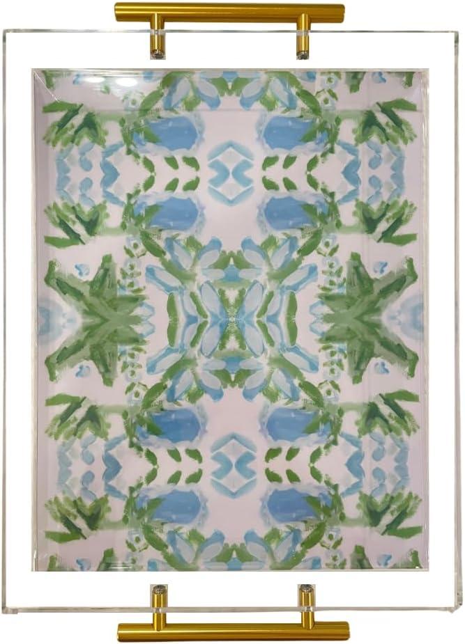 Acrylic Serving Tray with Gold Handles - 11"x14" Decorative Clear Tray, Green and Blue Watercolor Botanical - Vanity, Cofee Table, Bar Cart, or Bathroom Organizer