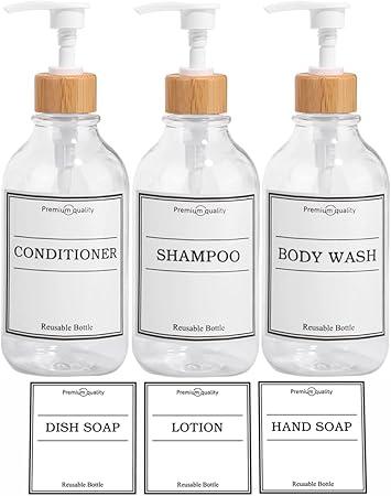 Shampoo and Conditioner Dispenser-Set of 3-16 oz Reusable Pump Bottle Dispenser for Bathroom with 6 Waterproof Stickers - Empty Plastic Refillable Containers for Shower (Clear-6 Regular Font Labels)