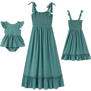 IFFEI Mommy and Me Dresses Summer Matching Outfits Spaghetti Strap Square Neck Ruffle A Line Beach Long Maxi Dress (3-6 Months, Green)