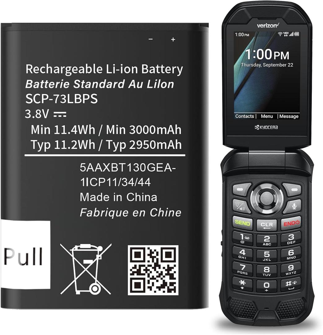 3000mAh SCP-73LBPS Battery, [  ] High Capacity Replacement Battery for Kyocera DuraXV Extreme E4810 Verizon Flip Phone SCP73LBPS 3.8V/11.4Wh