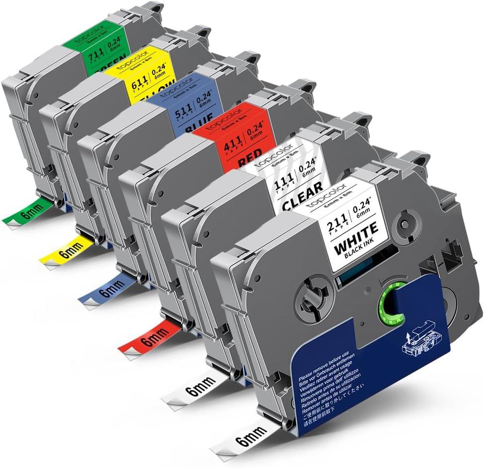6-Pack 6mm 0.23" Laminated Tape Compatible for Brother P Touch Label Tape 6mm Tze211 Tze111 Tze411 Tze511 Tze611 Tze711 1/4" Tze Tz 0.23" Label for PTD220 PTH100 PTH110 PTD202 PTD210 (Black on Clear/White/Red/Blue/Yellow/Green)
