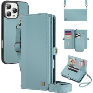for Wallet Case Compatible with iPhone 15 Pro Max,Multi-Function Detachable 2 in 1 Magnetic iPhone 15 Pro Max Case Wallet,Flip Strap Zipper Card Holder Phone Case with Shoulder Straps (Blue)