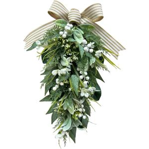 Svndlyn Lighted Artificial Spring Summer Teardrop Swag 25 Inch Eucalyptus and Magnolia Wreath with White Berries, Gypsophila & Farmhouse Striped Bow Floral Arrangement for Door Wall Mantel Window