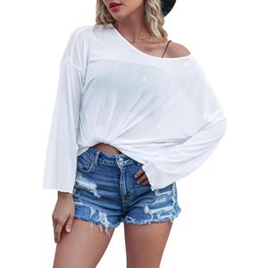FEMLE Womens Oversized Mesh Sheer Sparkly Top Glitter See Through Tops Tee Shirt Long Sleeve Concert Rave Party Outfits, White(No Cami) S