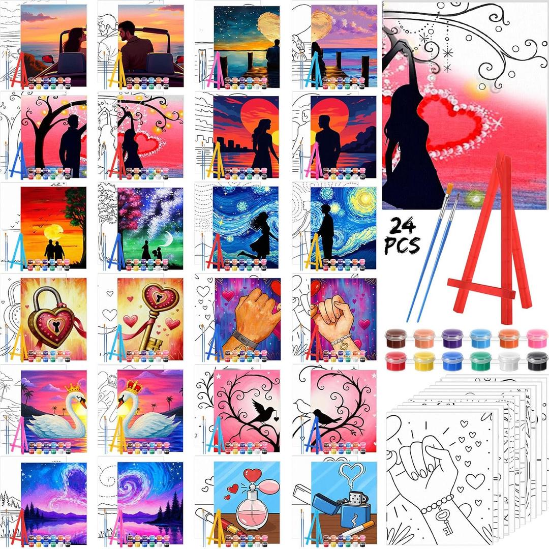Blosssound 24 Pack Valentine's Couple Pre Drawn Canvas to Paint Pre Printed Canvas Painting Kits Bulk with Easel Paint Pots Brushes for Adult Sip Party Student Beginner Birthday DIY