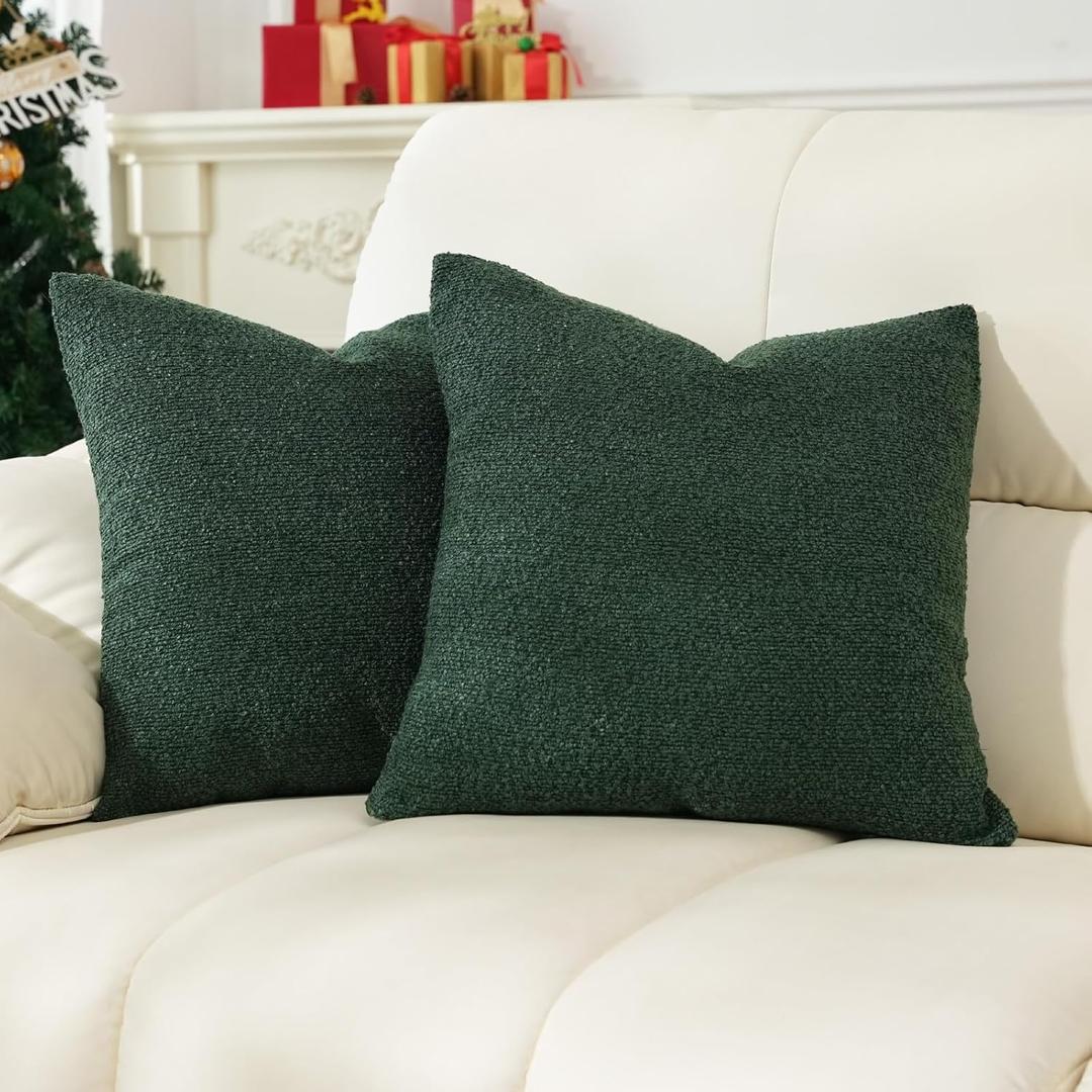 Boucle Pillow Covers 2 Pack, Textured Throw Pillow Covers for Couch & Sofa Decor, Soft Festive Bedding Decorative 22X22 Inch, Green