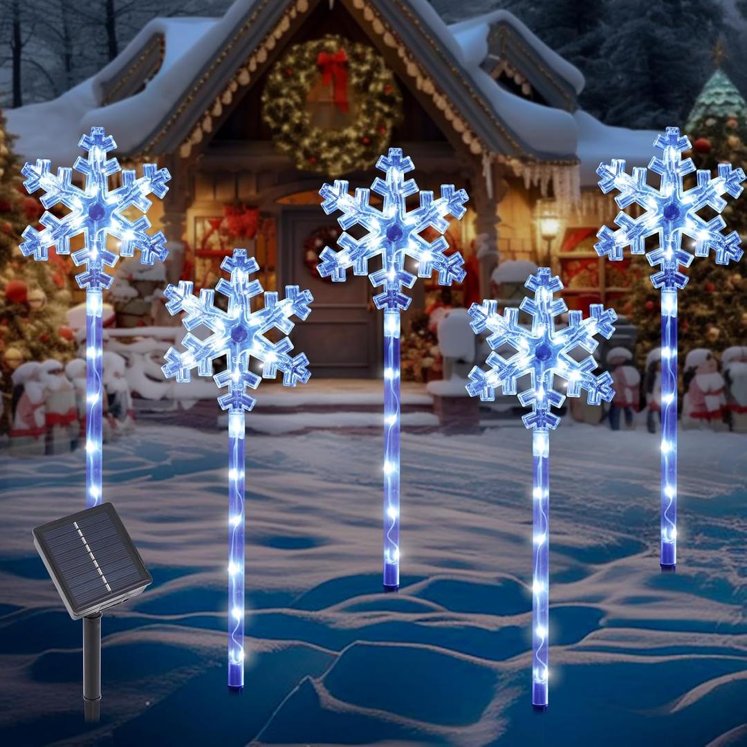 Solar Christmas Snowflake Pathway Lights, Set of 5 Outdoor Garden Lights Decorations, Waterproof Stake Decorative Light for Yard Lawn Porch Walkway Decor (Blue, 5 Pack)