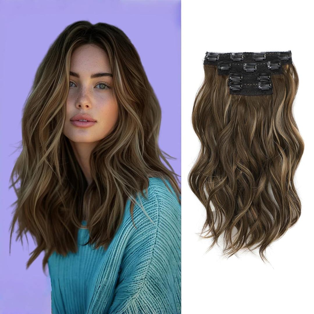 Clip in Hair Extensions, 14 Inch Hair Extensions Clip Ins 4 Pcs Synthetic Curly Wavy Thick Clip Hairpiece(Mixed Brown&Blonde)