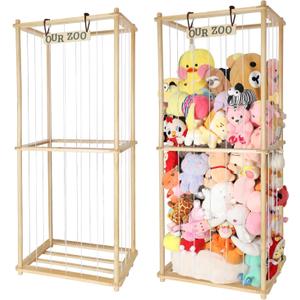 63 Large Stuffed Animal Storage for Children-Wood Plush Storage Organizer Shelf with Elastic Cord for Birthday Gift for Toddler Baby Kid, Play Room Decor Corner