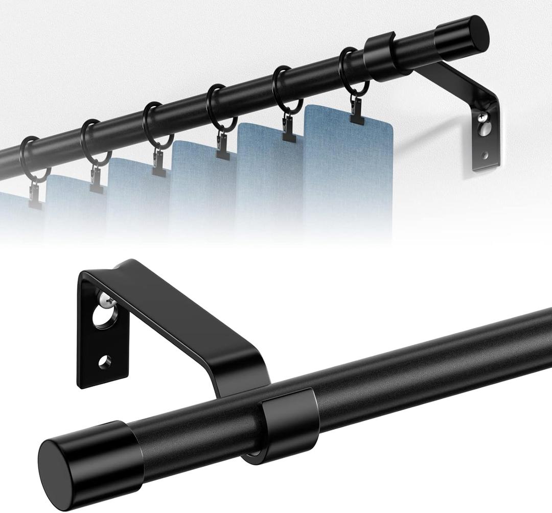 Curtain Rods for Windows, Single Adjustable 28 to 48 inch Curtain Rod Set with Brackets, 5/8 inch Diameter Metal Drapery Rod for Bedroom, Kitchen, Heavy Duty, Black
