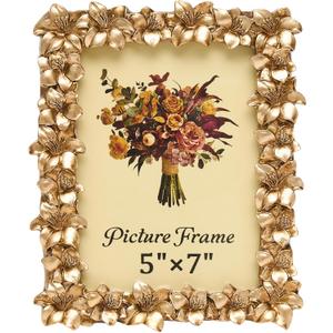 JANDERART Vintage Picture Frame 5x7 Inch, Ornate Antique Photo Frames with Glass Front, Lily Flowers Design, Tabletop & Wall Hanging, Photo Gallery, Gold