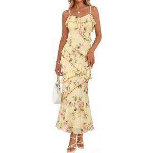 MEROKEETY Summer Floral Wedding Guest Maxi Dress Womens 2026 Spring Formal Bodycon Ruffle Spaghetti Strap Cocktail Long Dress (Yellow, M)