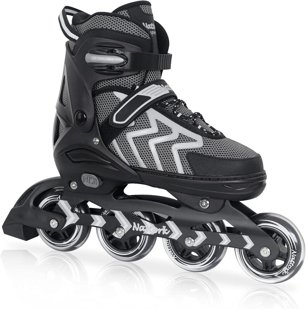 Nattork Adjustable Inline Skates for Adults and Teens, Outdoor & Indoor Blades Roller Skates for Boys, Beginners (XX-Large - Adult (10W-13W/9M-12M), Black)
