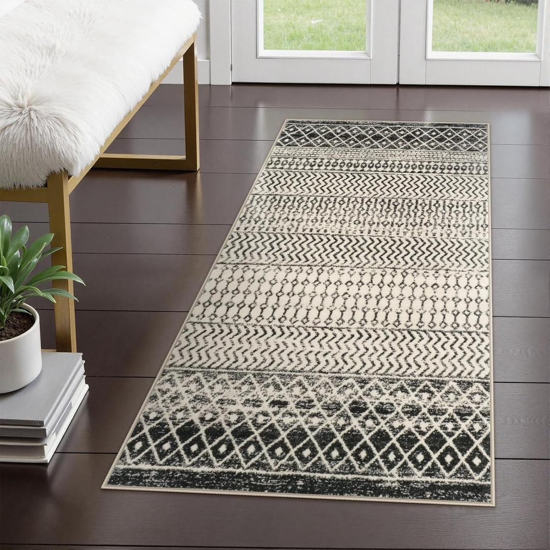 Moroccan Washable Rug for Entryway, 2x4 Black Distressed Non-Slip Door Mat Indoor Entrance, Soft Low-Pile Accent Rug Boho Area Rug for Bedroom Bathroom Kitchen (2'x4', Black)