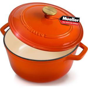 MUELLER HOME 6 Quart Enameled Cast Iron Pot Dutch Oven, Heavy-Duty, Oven-Safe up to 500° F & Across All Cooktops, Bread Pan with Lid & Knob, Cast Iron Cookware, Blue Kitchen Accessories, Orange