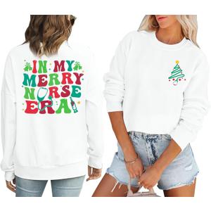VILOVE Christmas Nurse Sweatshirt Women In My Merry Nurse Era Pullover Nurse Life Shirt Christmas Crewneck Long Sleeve Tops (White, XXL)
