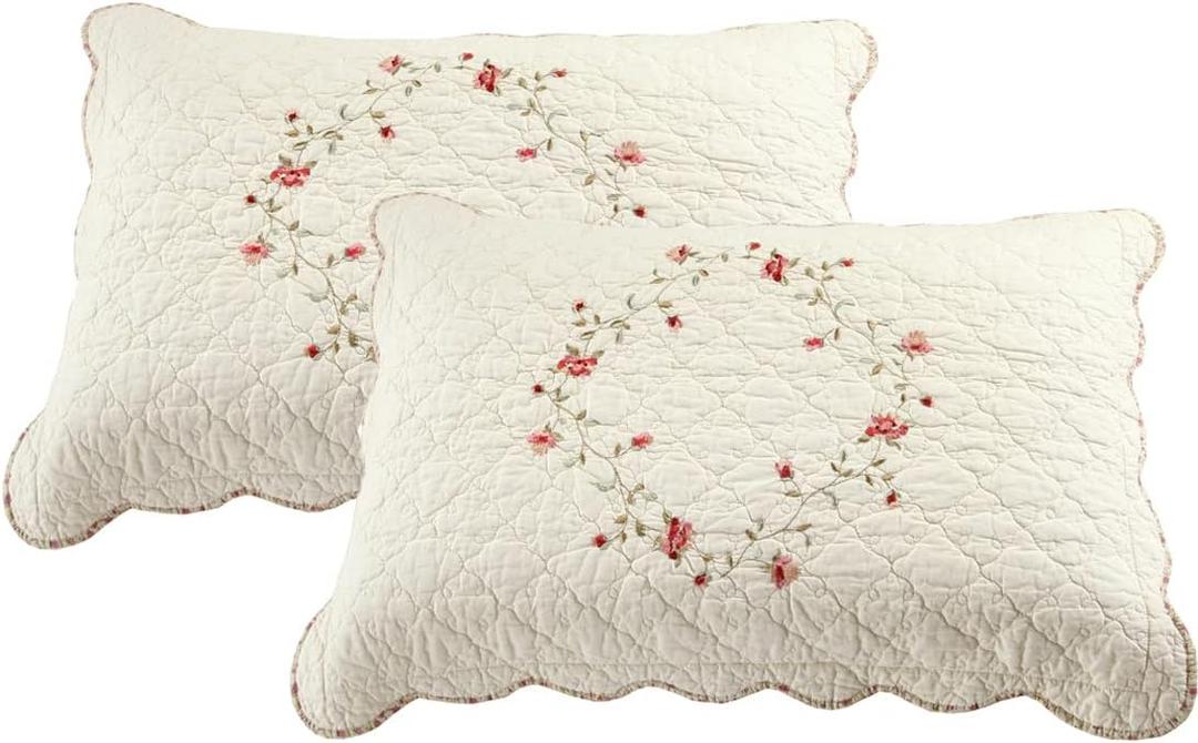 vctops 2-Piece Elegant Floral Embroidered Pillow Shams King Size 100% Cotton Quilted Decorative Pillow Shams Set (Cream,20"x36")