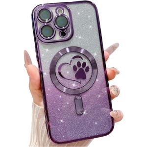 for iPhone 15 Pro Max Case, Glitter Clear Cute Paw Love Heart, Compatible with MagSafe, Strong Magnetic Full Camera Lens Protection Cover, Soft Slim Bling Phone Case 6.7" - Purple