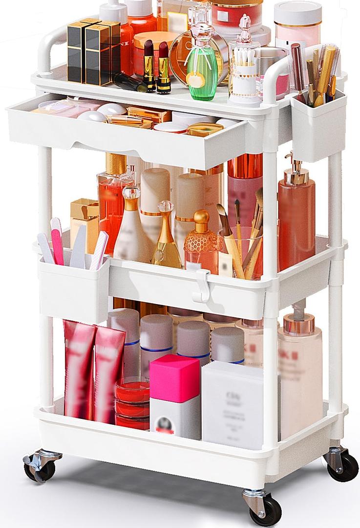 SUNALLY Makeup Cart Organizer with Drawers, Floor Skincare Organizers Vanity Storage Organizer, Rolling Makeup Bathroom Storage Cart Cosmetics Display Cases for Skin Care Perfume Nail Polish, White, 3 Tier