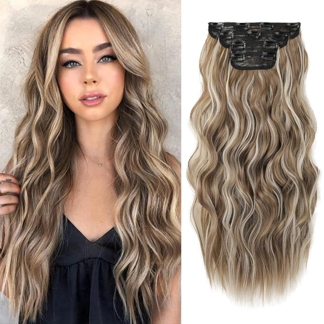REECHO Hair Extensions, 4PCS Clip in Hair Extensions HE001 Natural Soft Synthetic Hairpieces for Women (20 Inch-200 Gram (Pack of 4), Ash Brown with Platium Highlights)