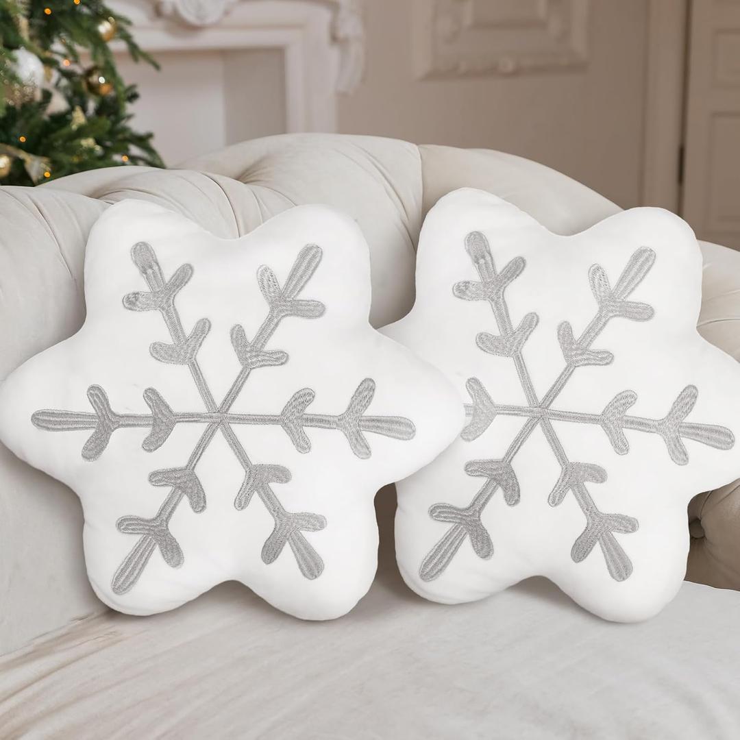 Soaoo 2 Pcs Snowflake Pillow Winter Throw Pillows Decorative Sherpa White Snowflake Shaped Cushion for Winter Home Decor Couch Sofa Bedroom Decoration(Gray)