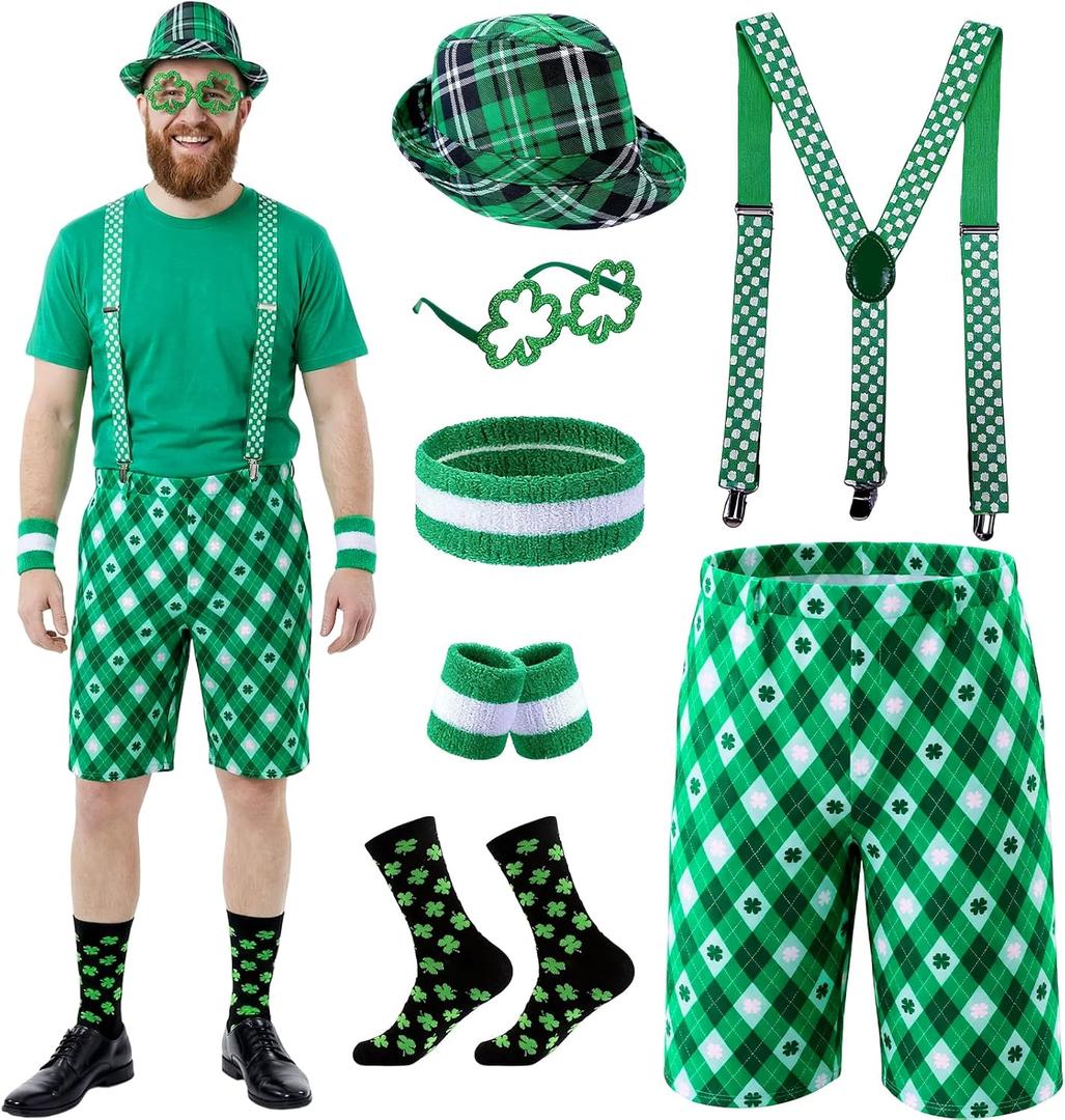 St. Patrick’s Day Leprechaun Costume Set for Men, Shamrock Shorts with Suspenders, Green Hat, Socks & Glasses (S)