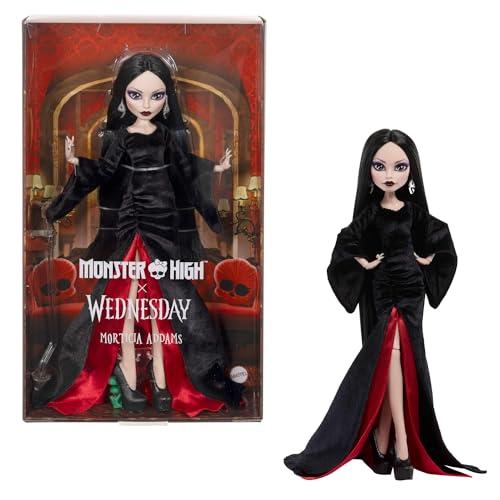 Monster High x Wednesday Doll, Morticia Addams Collectible in Black and Crimson Velvet Dress with Jewelry, Show-Inspired Heels and Doll Stand