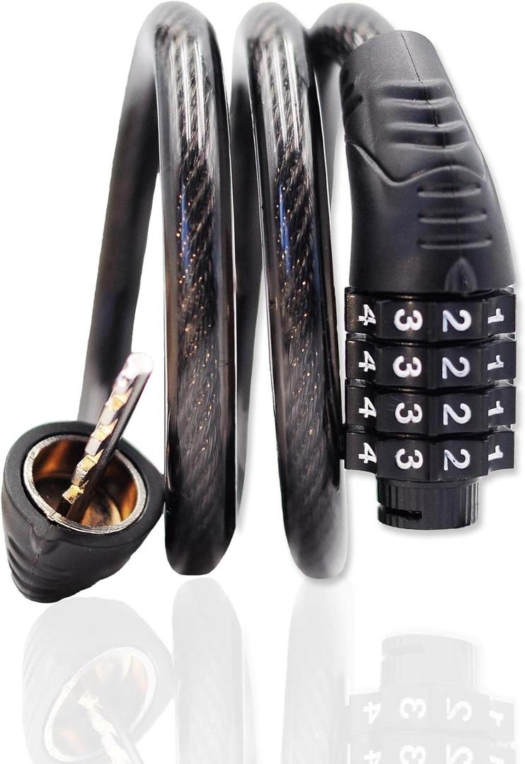 Long Coiled Security Resettable Combination Bike Cable 4 Digit Lock, Anti-Theft Accessories for Mountain and Road Bike, Electric Bicycle, Scooter, 32 inch